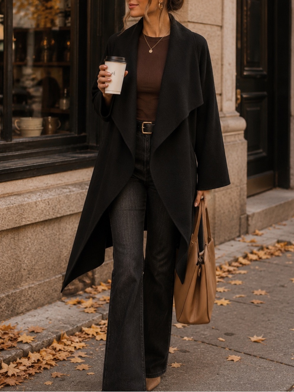 Jessica Black Draped Long Coat Jacket Size XL/18 Open Front Layering Piece